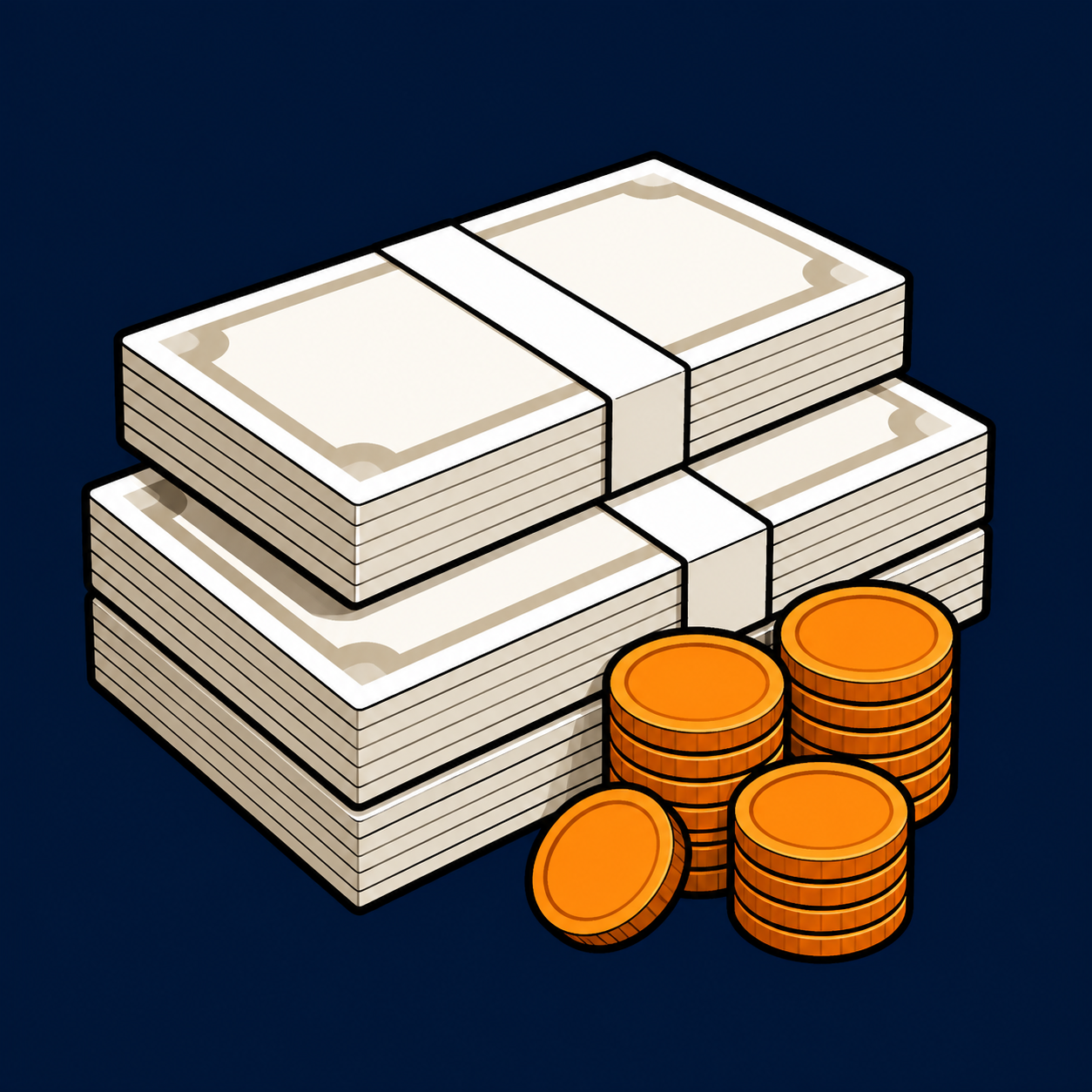 紙幣の束と硬貨だけを描いた資金繰りのイラスト