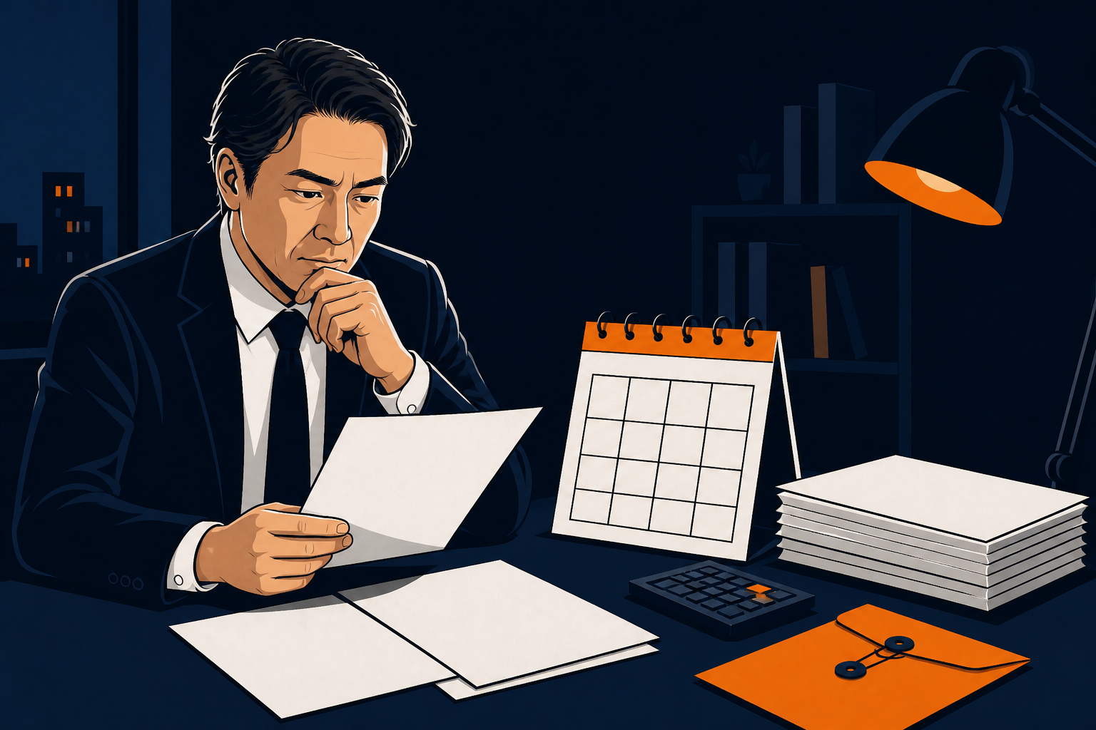 銀行へ出す資料を整理する経営者のイラスト