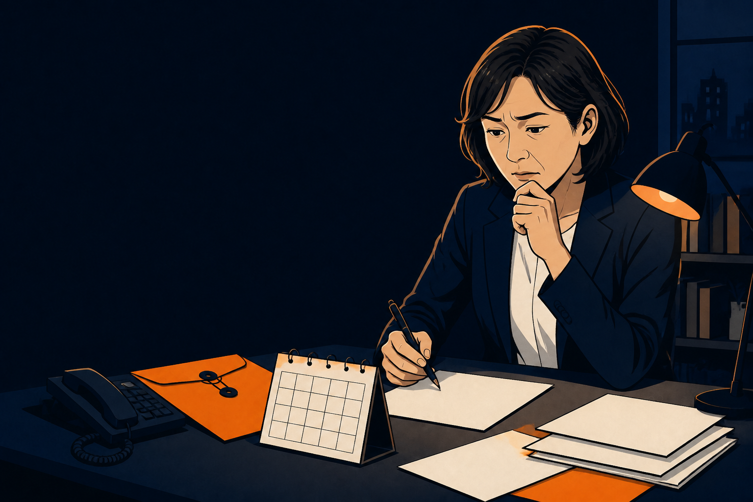 支払期限を前に資料を整理する経営者のイラスト