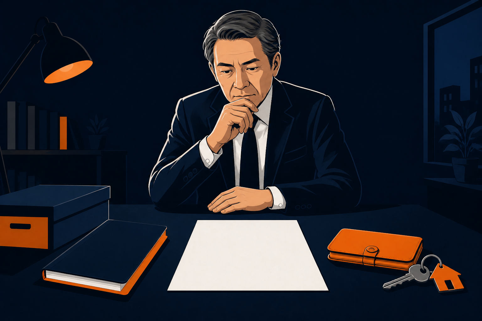 会社と個人の資料を分けて確認する経営者のイラスト