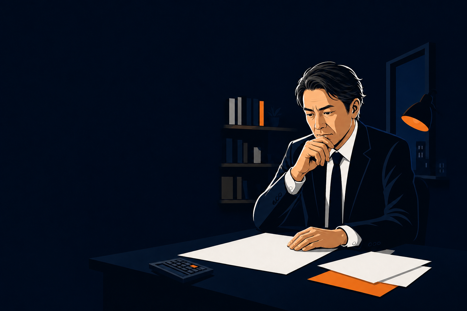 夜の事務所で白紙の資金資料を前に考える経営者のイラスト