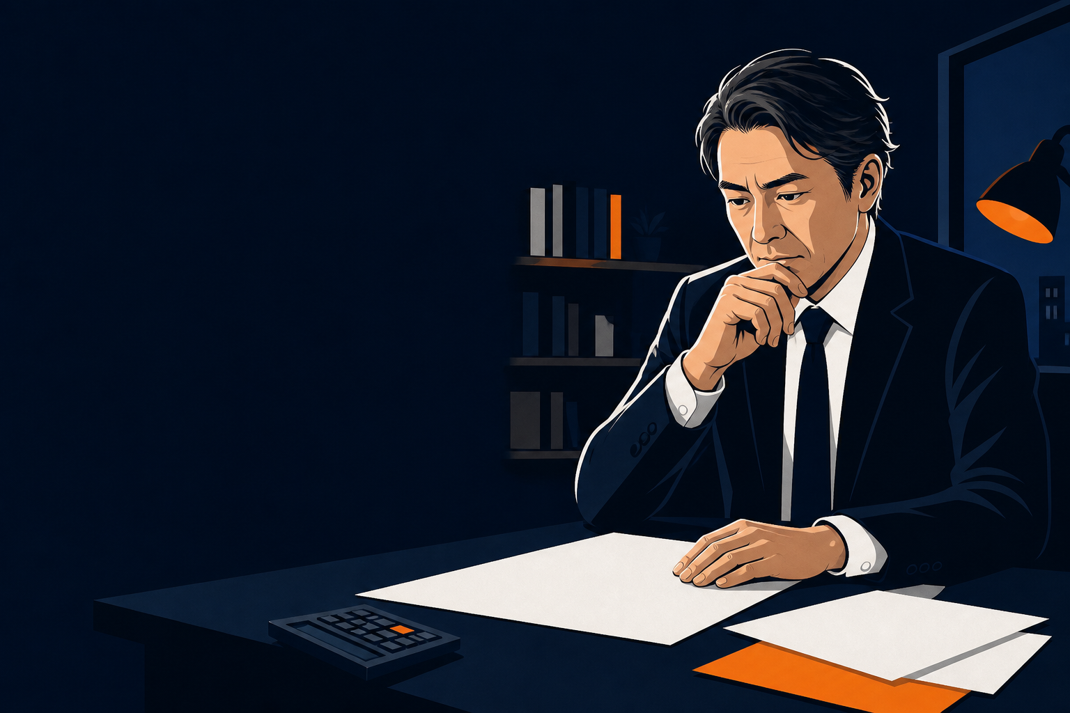 夜の事務所で資金資料を確認する経営者のイラスト